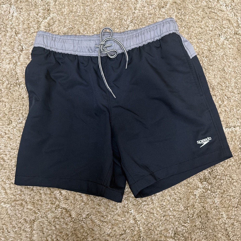 Speedo Mens Swim Trunks Black Gray Elastic Waist Mesh Lined Board Shorts Size S